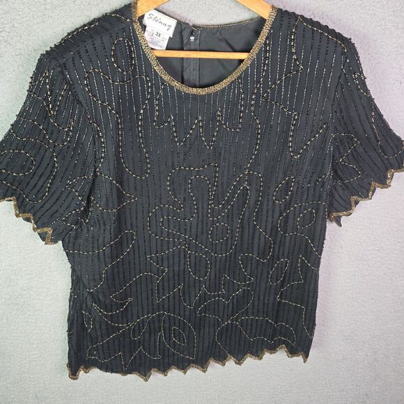 Stenay 3X silk beaded top metallic scalloped black holiday party bling festival - Picture 12 of 16